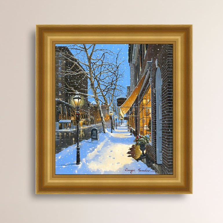A canvas print of Moravian Bookshop, a snowy street scene in Bethlehem with footprints on the snow.