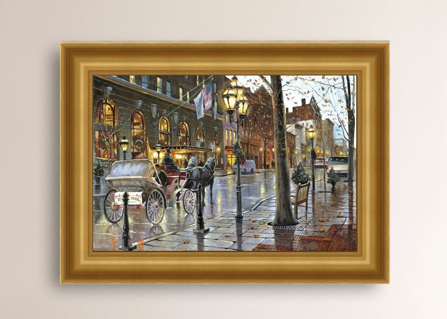 A canvas print depicting a Christmas scene with a horse-drawn carriage on a wet main street in Bethlehem with stores and Christmas lights in the background.