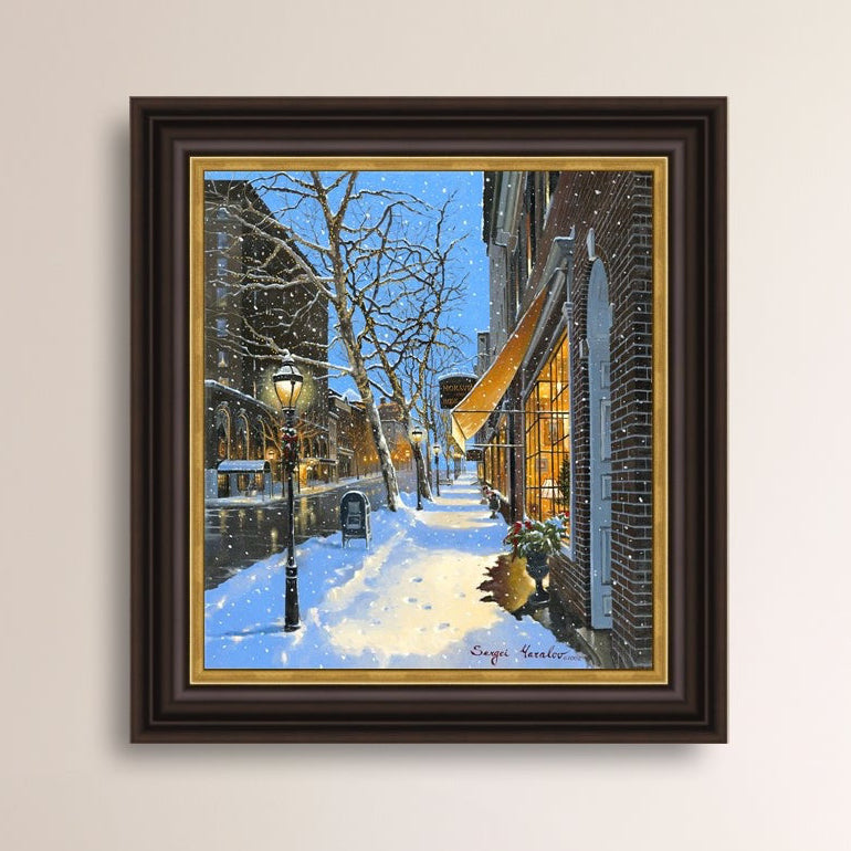 A canvas print of Moravian Bookshop, a snowy street scene in Bethlehem with footprints on the snow.