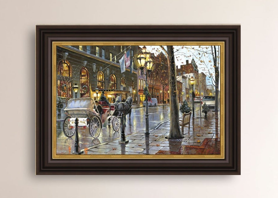 A canvas print depicting a Christmas scene with a horse-drawn carriage on a wet main street in Bethlehem with stores and Christmas lights in the background.