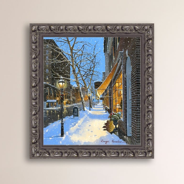 A canvas print of Moravian Bookshop, a snowy street scene in Bethlehem with footprints on the snow.