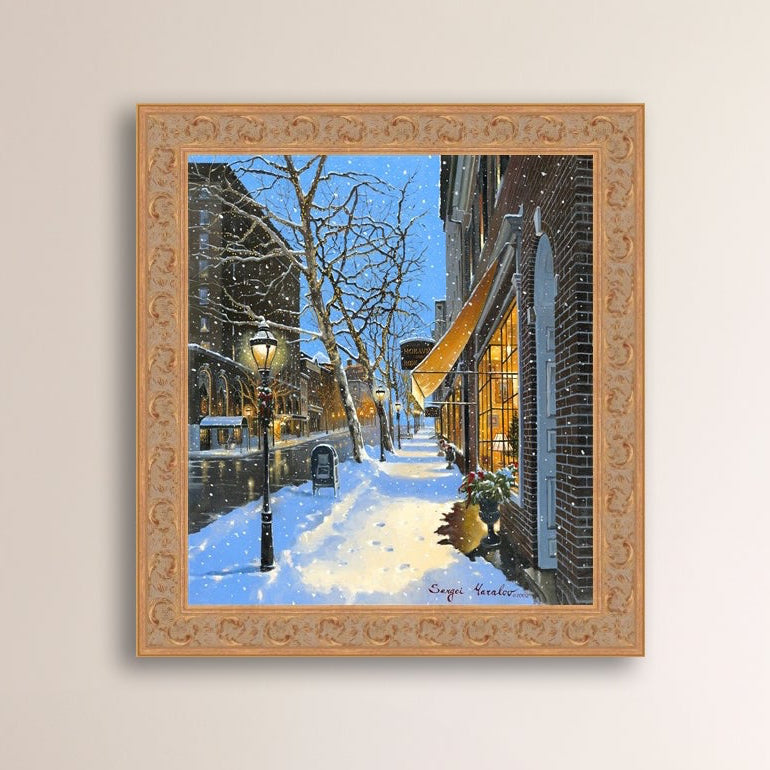 A canvas print of Moravian Bookshop, a snowy street scene in Bethlehem with footprints on the snow.