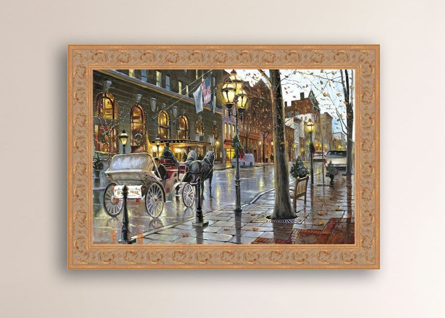 A canvas print depicting a Christmas scene with a horse-drawn carriage on a wet main street in Bethlehem with stores and Christmas lights in the background.