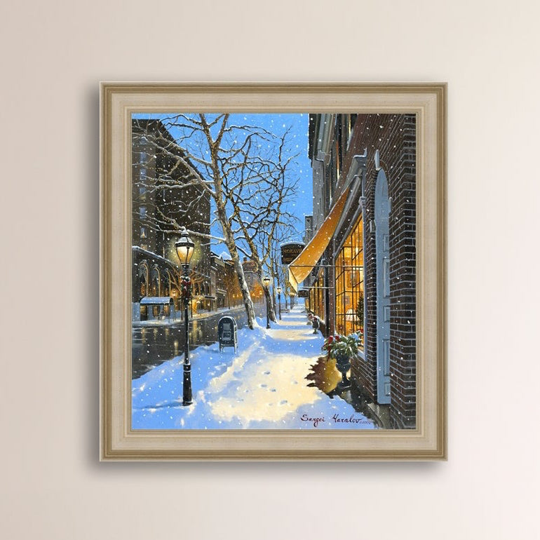 A canvas print of Moravian Bookshop, a snowy street scene in Bethlehem with footprints on the snow.