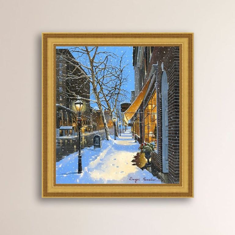 A canvas print of Moravian Bookshop, a snowy street scene in Bethlehem with footprints on the snow.