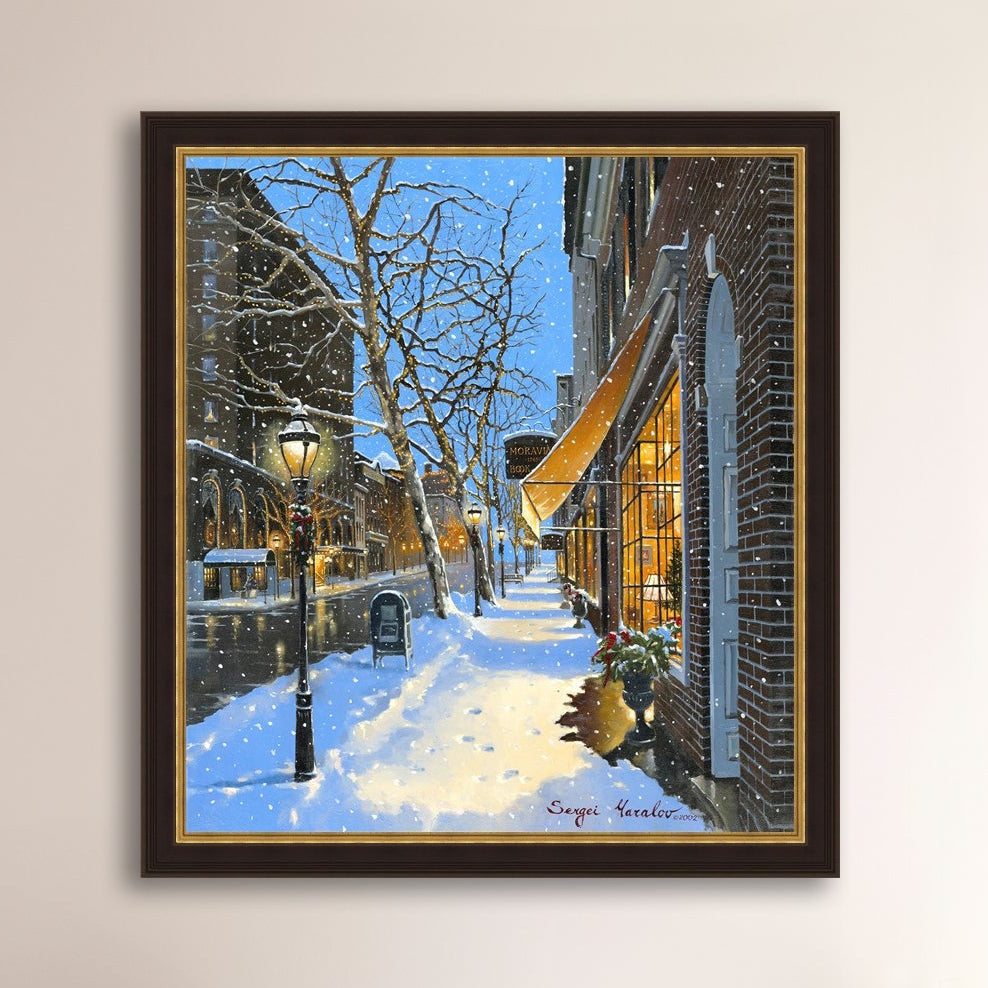 A canvas print of Moravian Bookshop, a snowy street scene in Bethlehem with footprints on the snow.