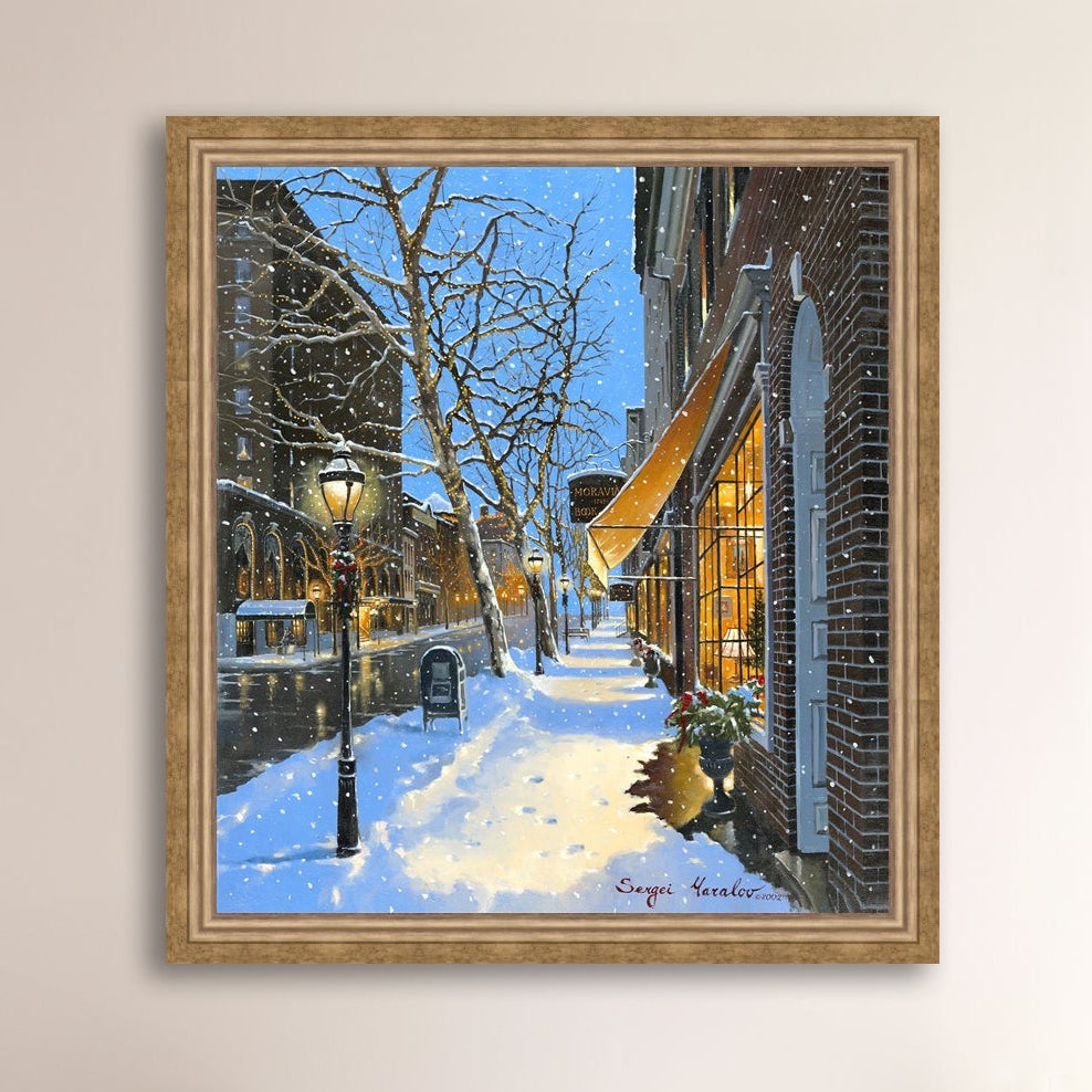 A canvas print of Moravian Bookshop, a snowy street scene in Bethlehem with footprints on the snow.