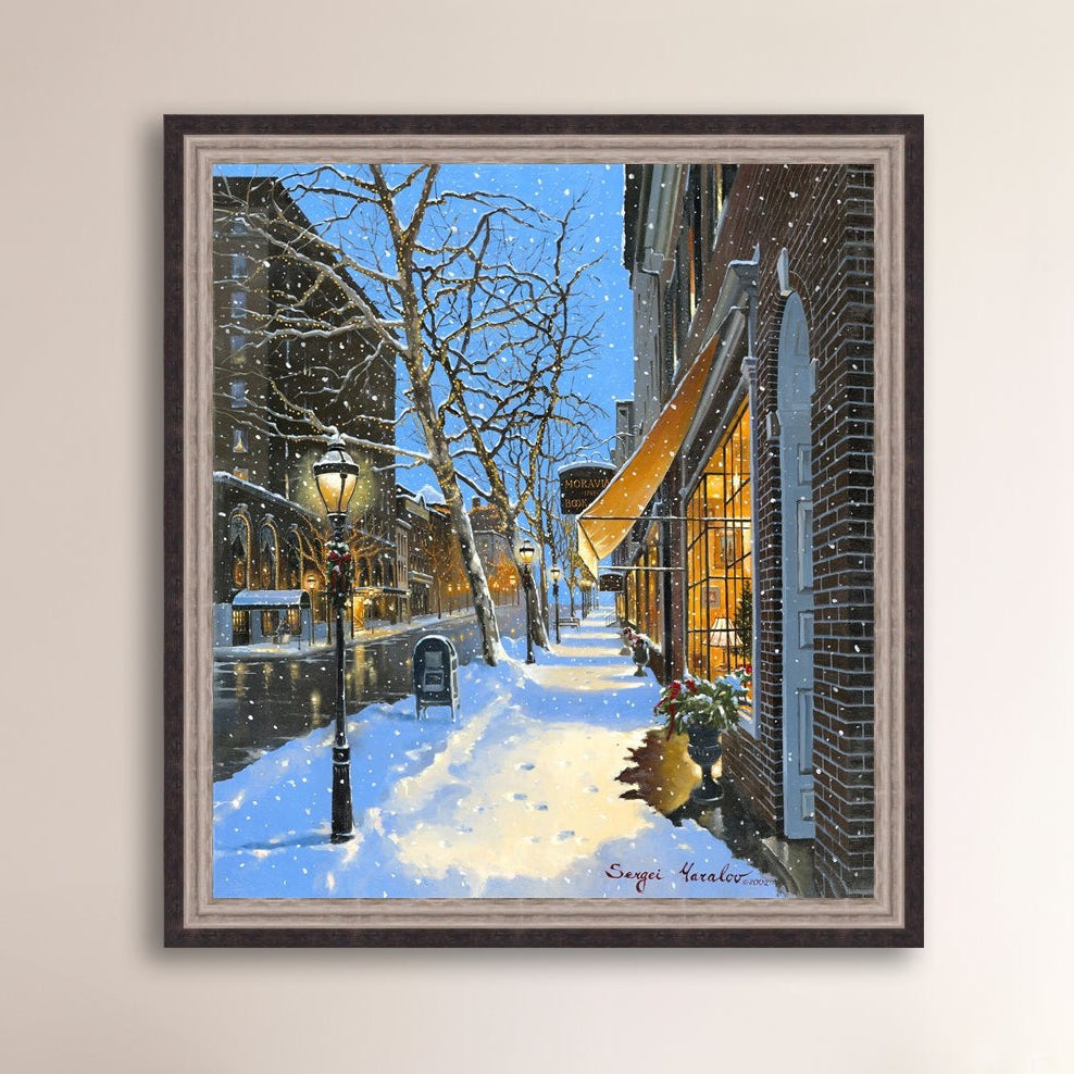 A canvas print of Moravian Bookshop, a snowy street scene in Bethlehem with footprints on the snow.