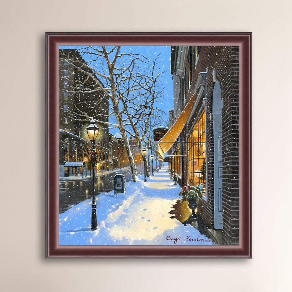 A canvas print of Moravian Bookshop, a snowy street scene in Bethlehem with footprints on the snow.