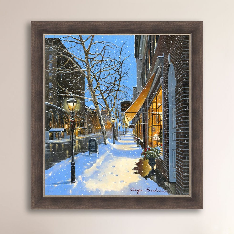 A canvas print of Moravian Bookshop, a snowy street scene in Bethlehem with footprints on the snow.