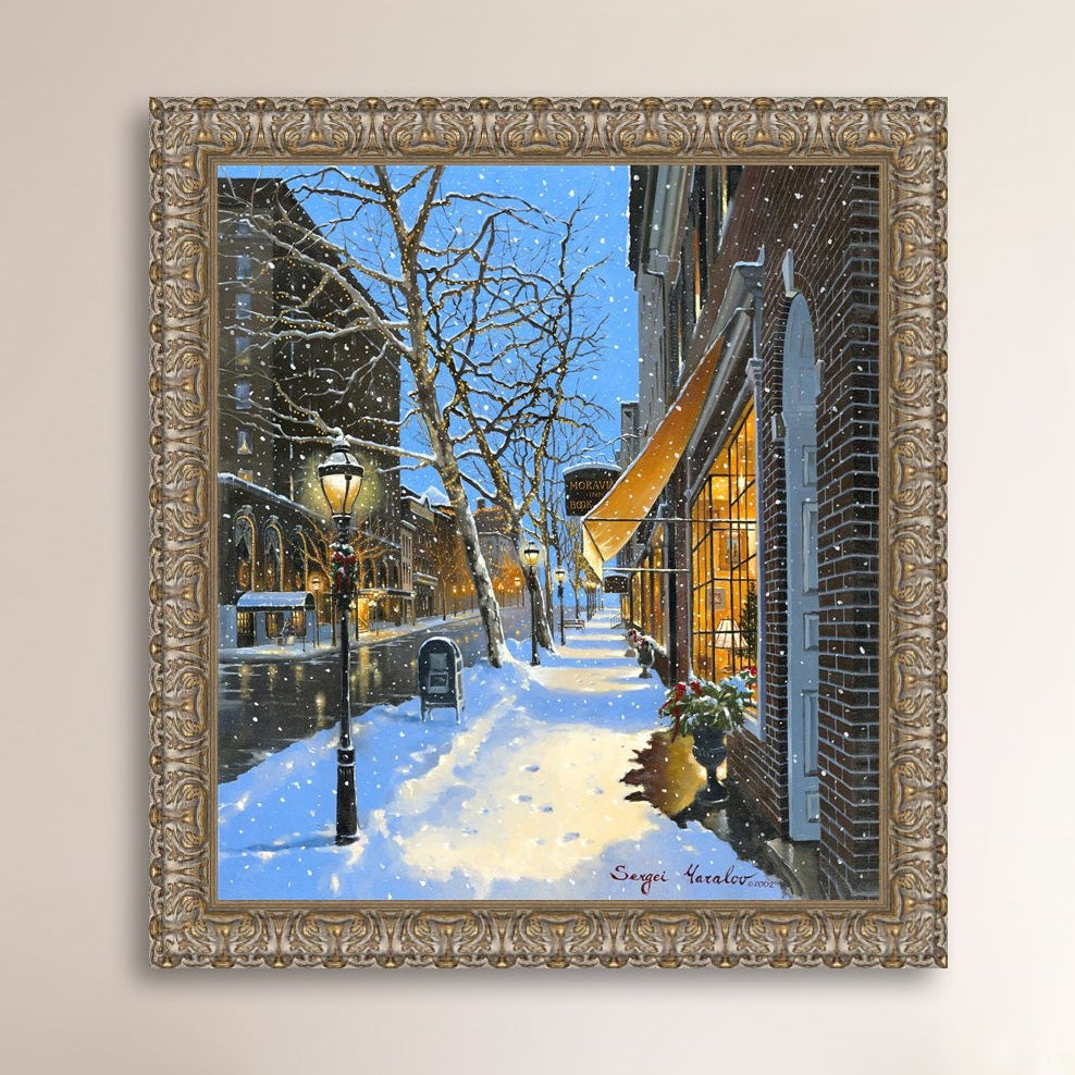 A canvas print of Moravian Bookshop, a snowy street scene in Bethlehem with footprints on the snow.