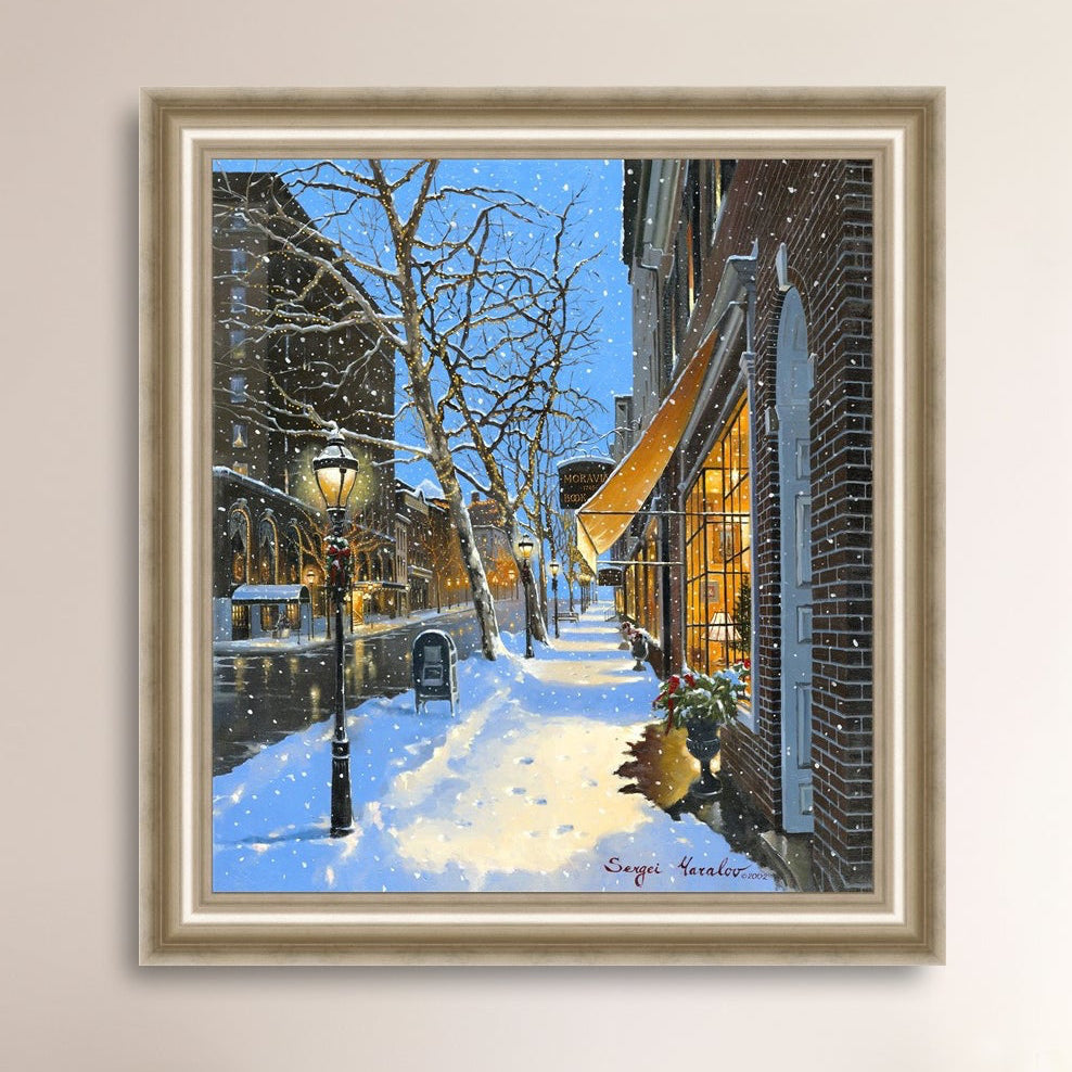 A canvas print of Moravian Bookshop, a snowy street scene in Bethlehem with footprints on the snow.