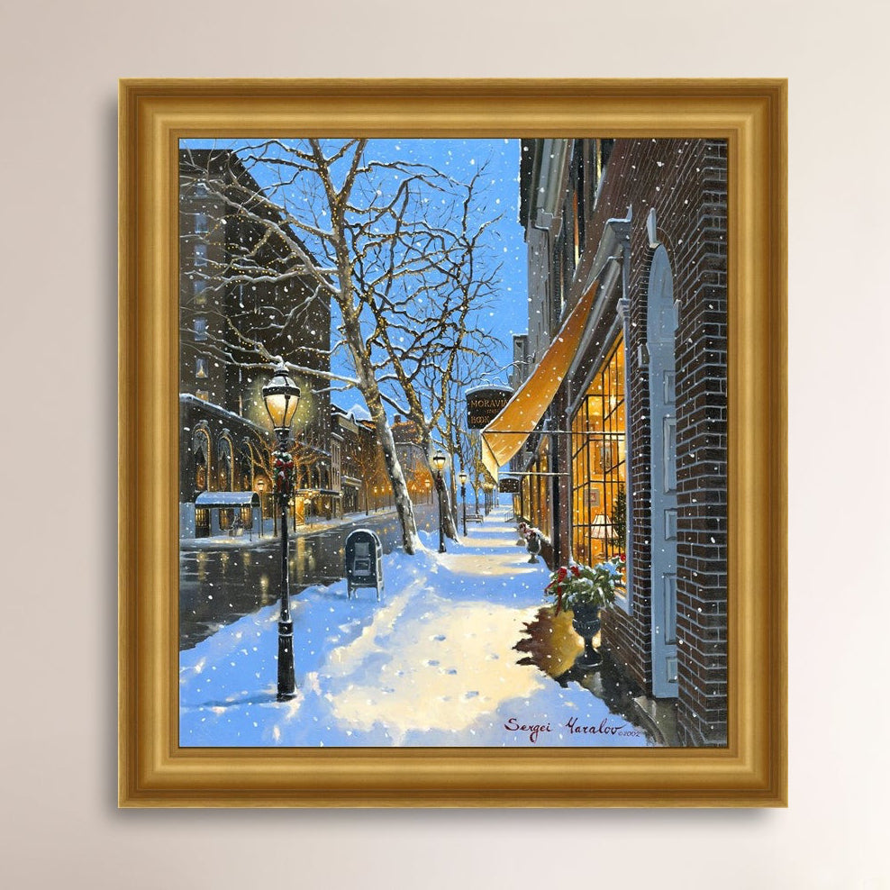 A canvas print of Moravian Bookshop, a snowy street scene in Bethlehem with footprints on the snow.
