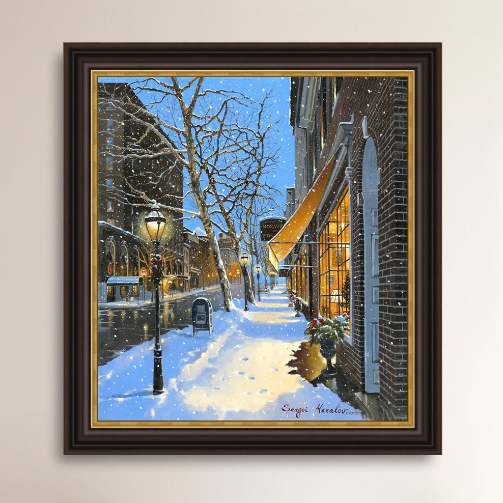 A canvas print of Moravian Bookshop, a snowy street scene in Bethlehem with footprints on the snow.