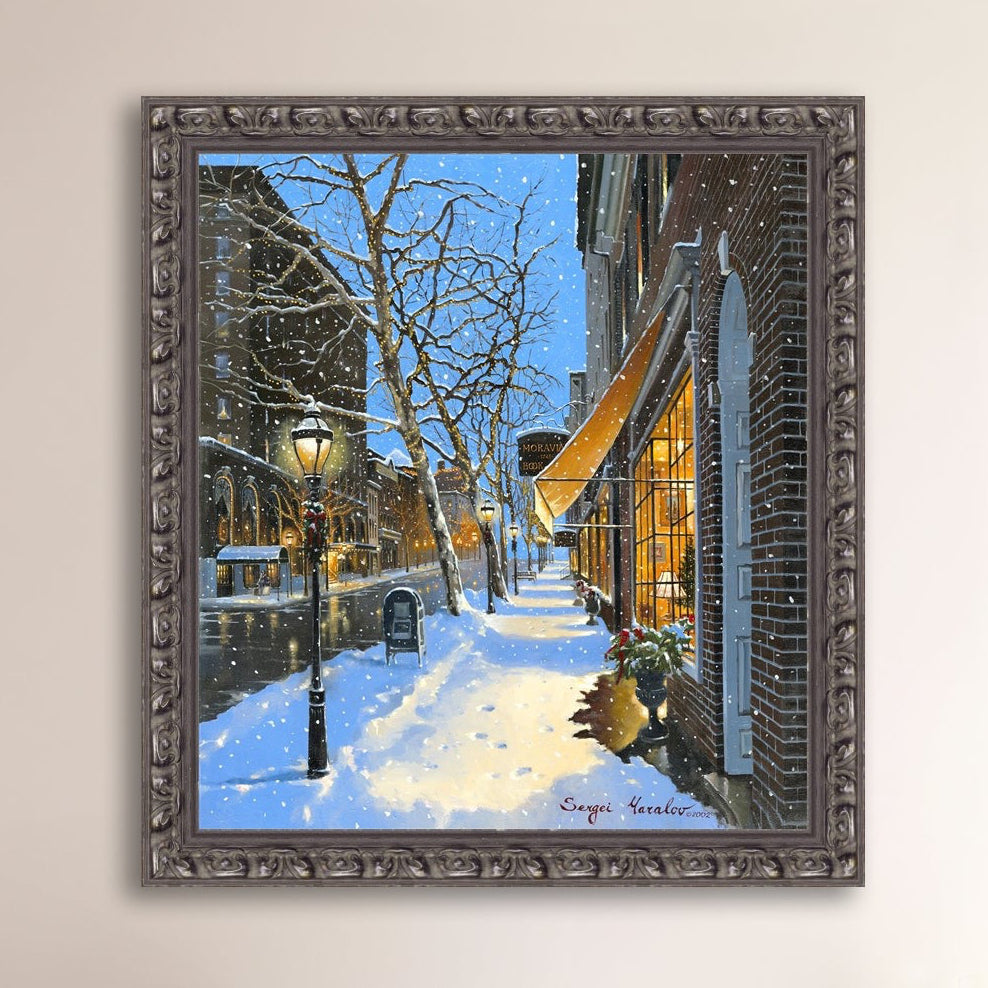 A canvas print of Moravian Bookshop, a snowy street scene in Bethlehem with footprints on the snow.
