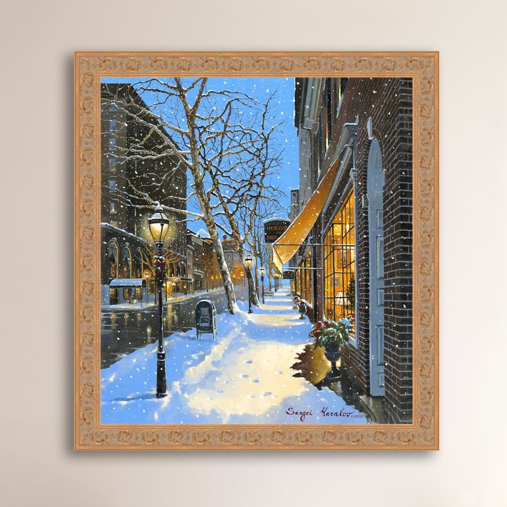 A canvas print of Moravian Bookshop, a snowy street scene in Bethlehem with footprints on the snow.