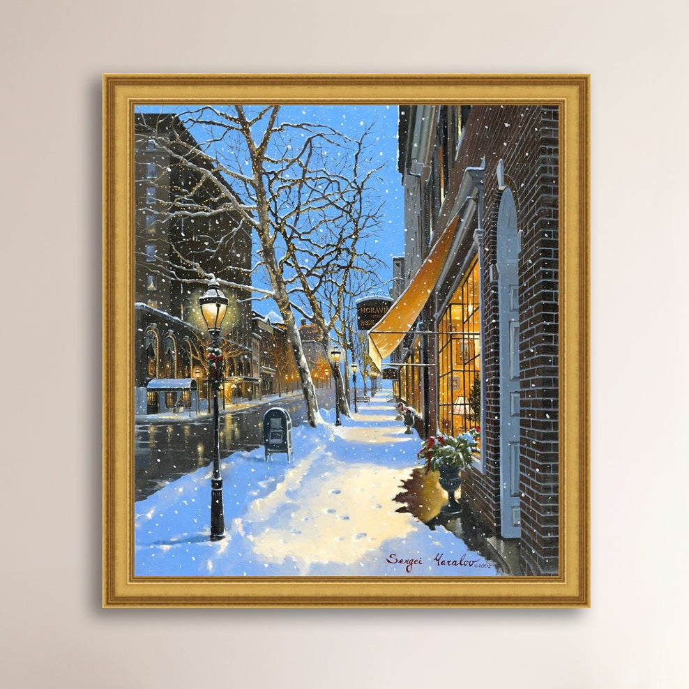 A canvas print of Moravian Bookshop, a snowy street scene in Bethlehem with footprints on the snow.