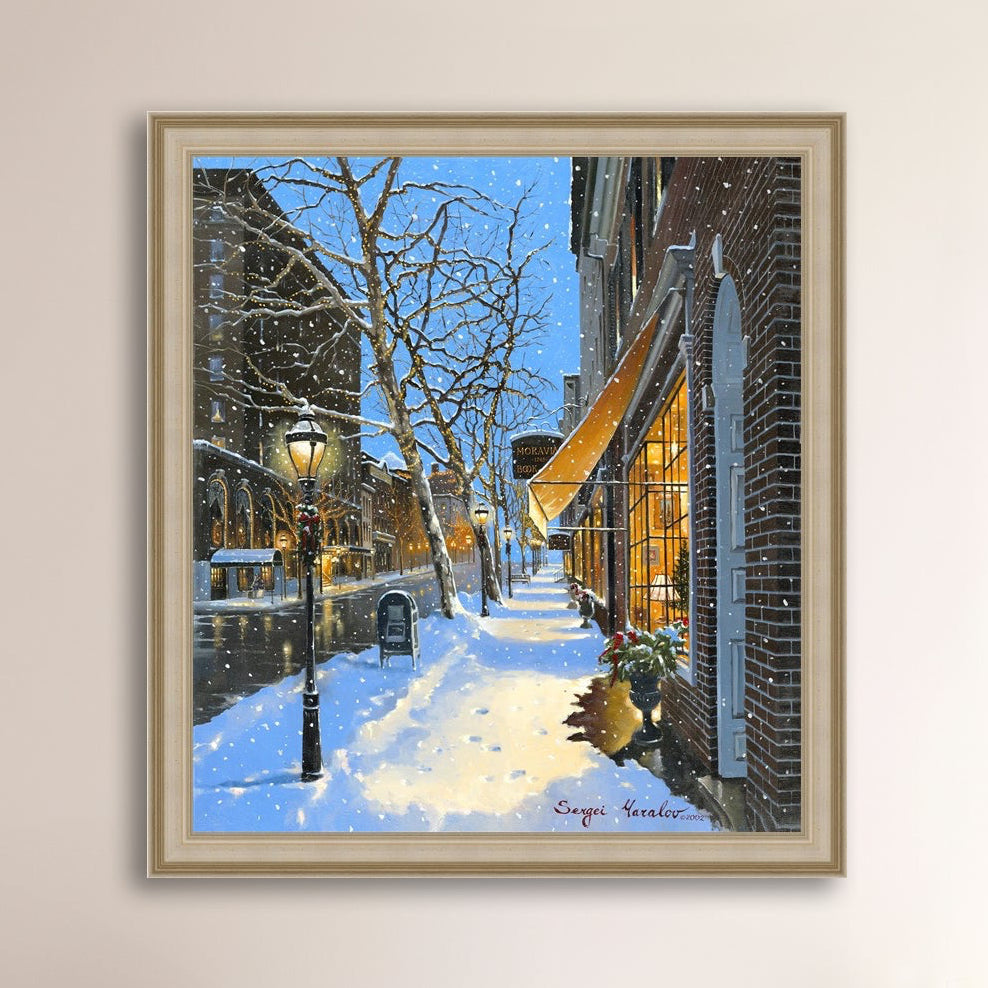 A canvas print of Moravian Bookshop, a snowy street scene in Bethlehem with footprints on the snow.