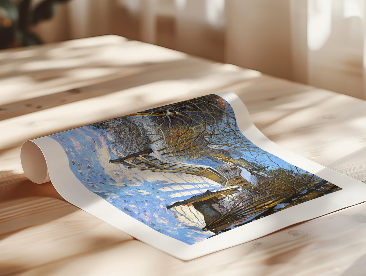 A frolled canvas print featuring a Monocacy Bridge with snow on the ground, surrounded by trees and a historic Bethlehem building in the background.