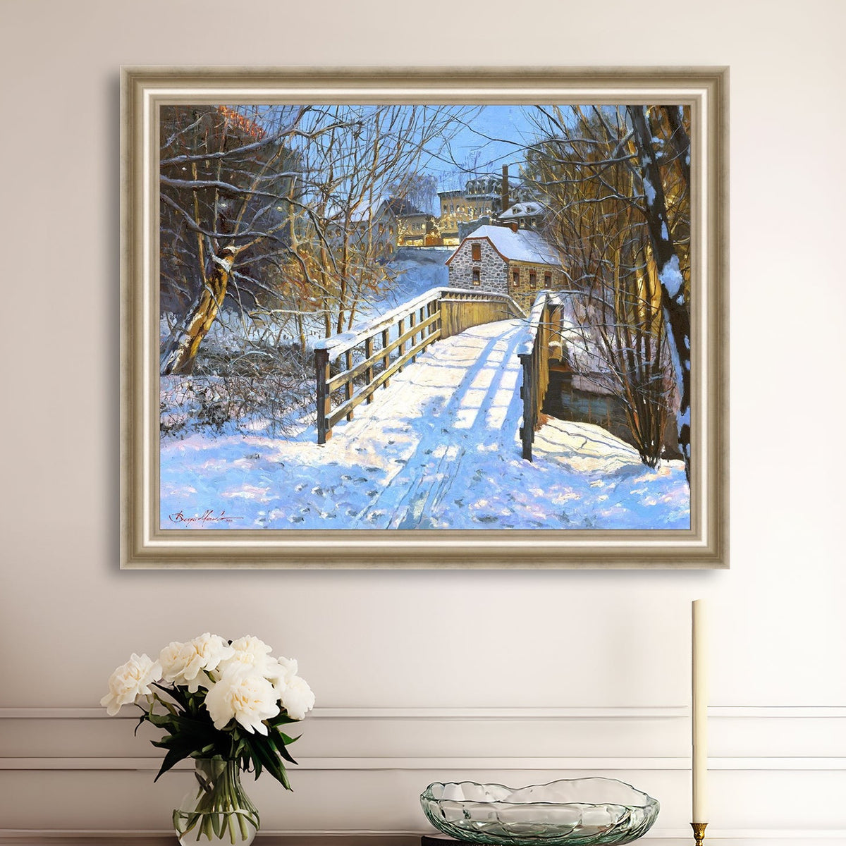 A framed canvas print featuring a Monocacy Bridge with snow on the ground, surrounded by trees and a historic Bethlehem building in the background.