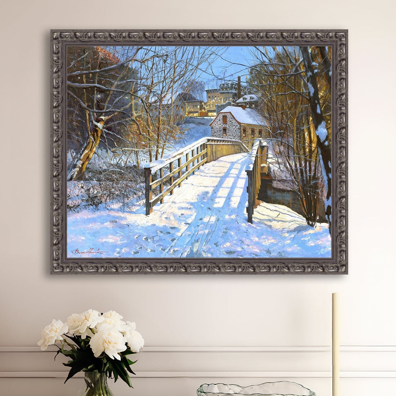 A framed canvas print featuring a Monocacy Bridge with snow on the ground, surrounded by trees and a historic Bethlehem building in the background.