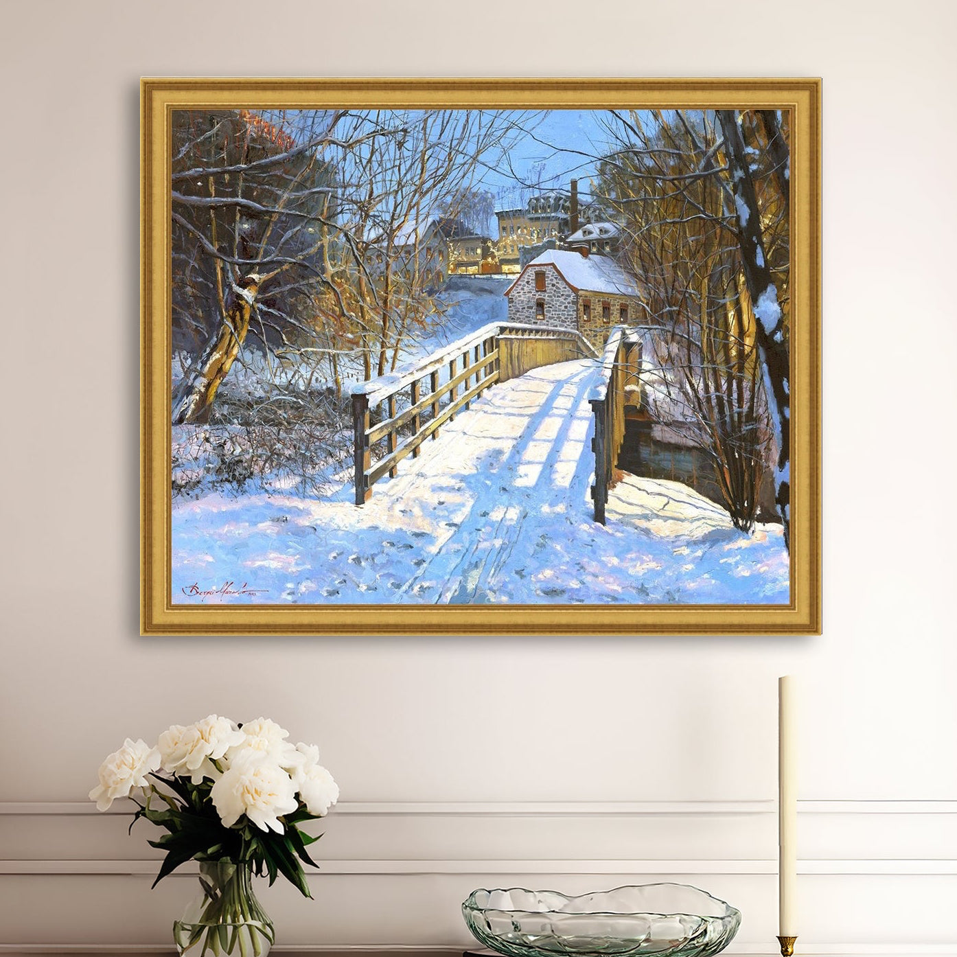 A framed canvas print featuring a Monocacy Bridge with snow on the ground, surrounded by trees and a historic Bethlehem building in the background.