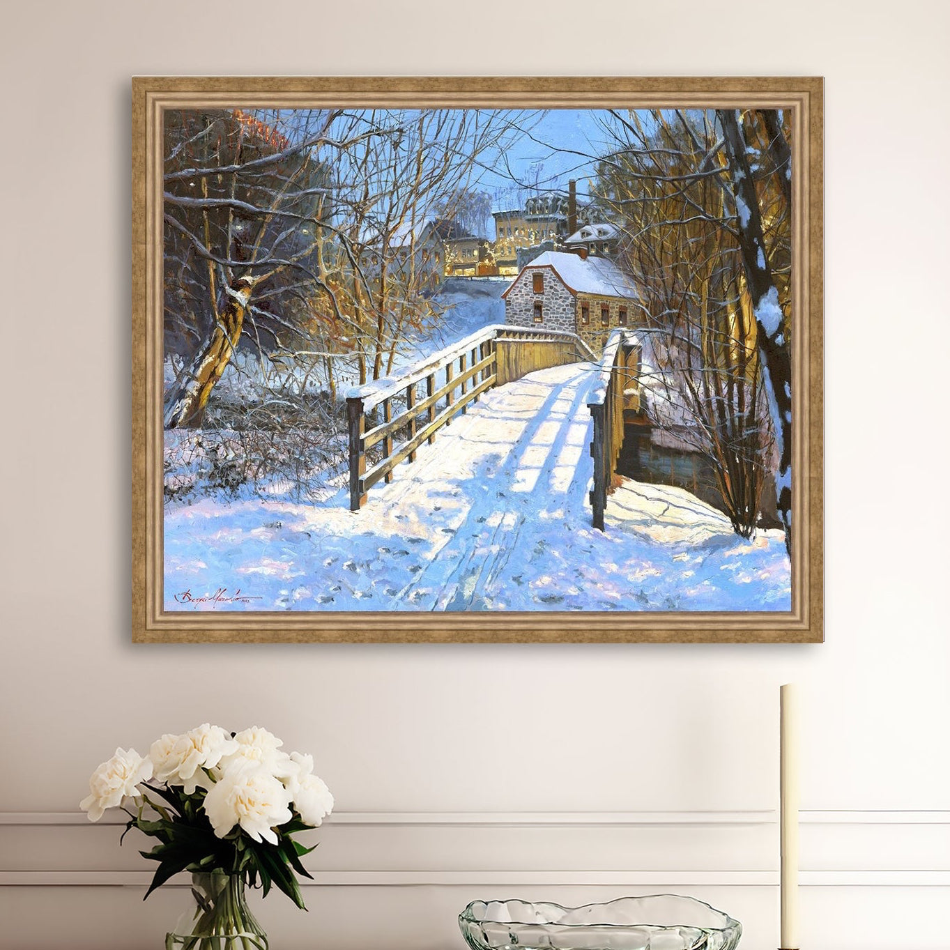 A framed canvas print featuring a Monocacy Bridge with snow on the ground, surrounded by trees and a historic Bethlehem building in the background.