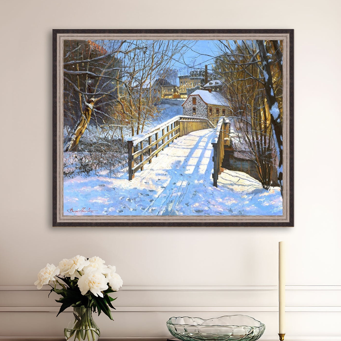 A framed canvas print featuring a Monocacy Bridge with snow on the ground, surrounded by trees and a historic Bethlehem building in the background.