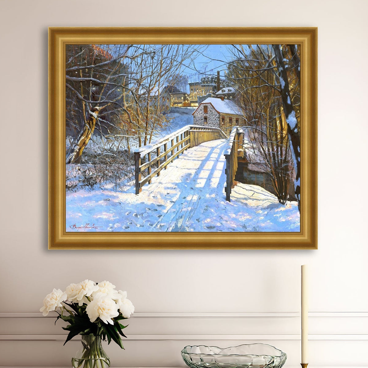 A framed canvas print featuring a Monocacy Bridge with snow on the ground, surrounded by trees and a historic Bethlehem building in the background.
