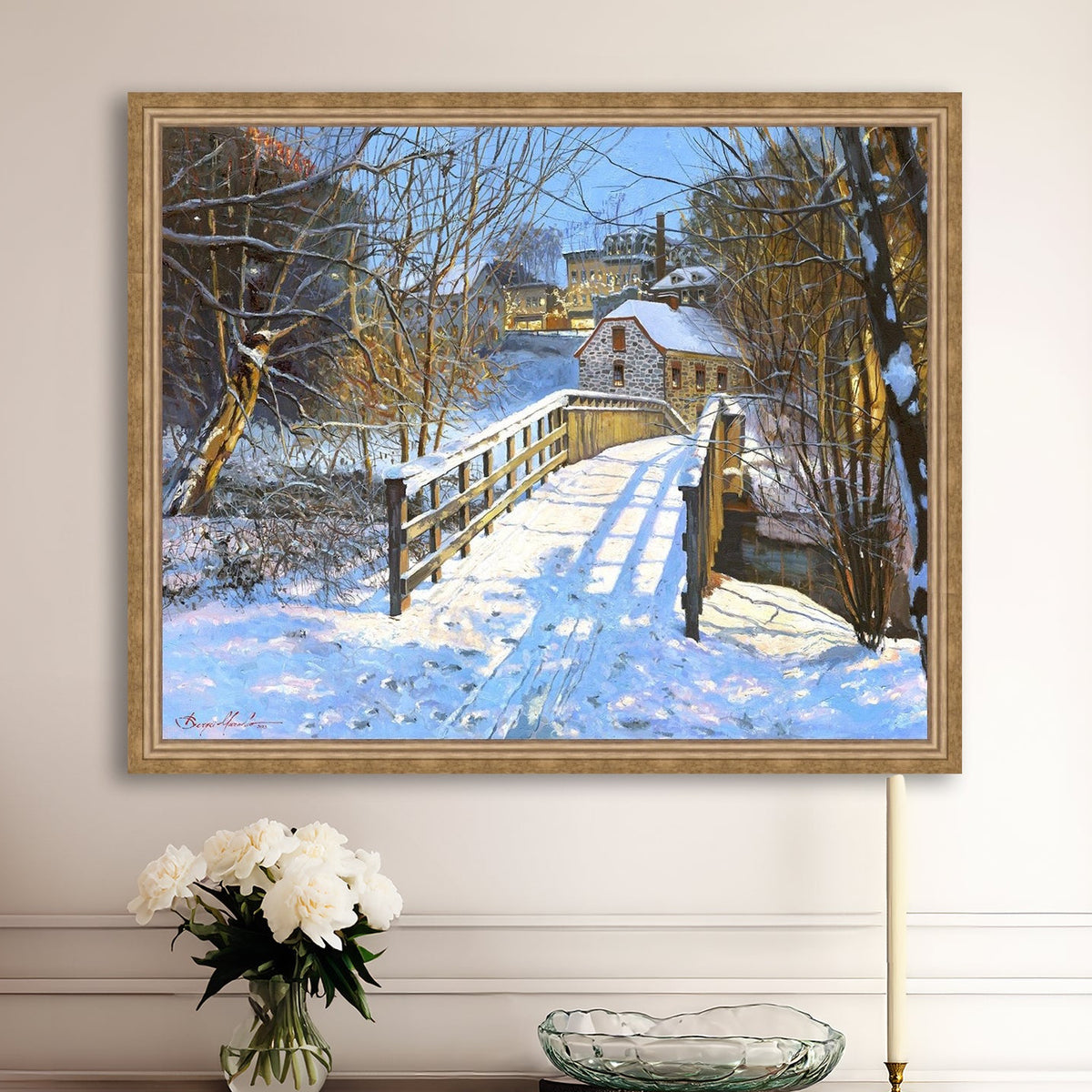 A framed canvas print featuring a Monocacy Bridge with snow on the ground, surrounded by trees and a historic Bethlehem building in the background.