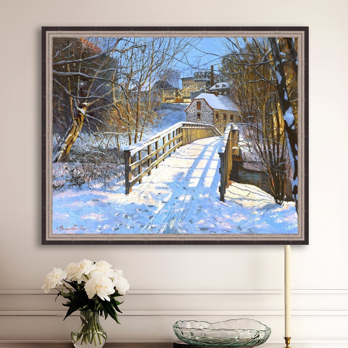 A framed canvas print featuring a Monocacy Bridge with snow on the ground, surrounded by trees and a historic Bethlehem building in the background.