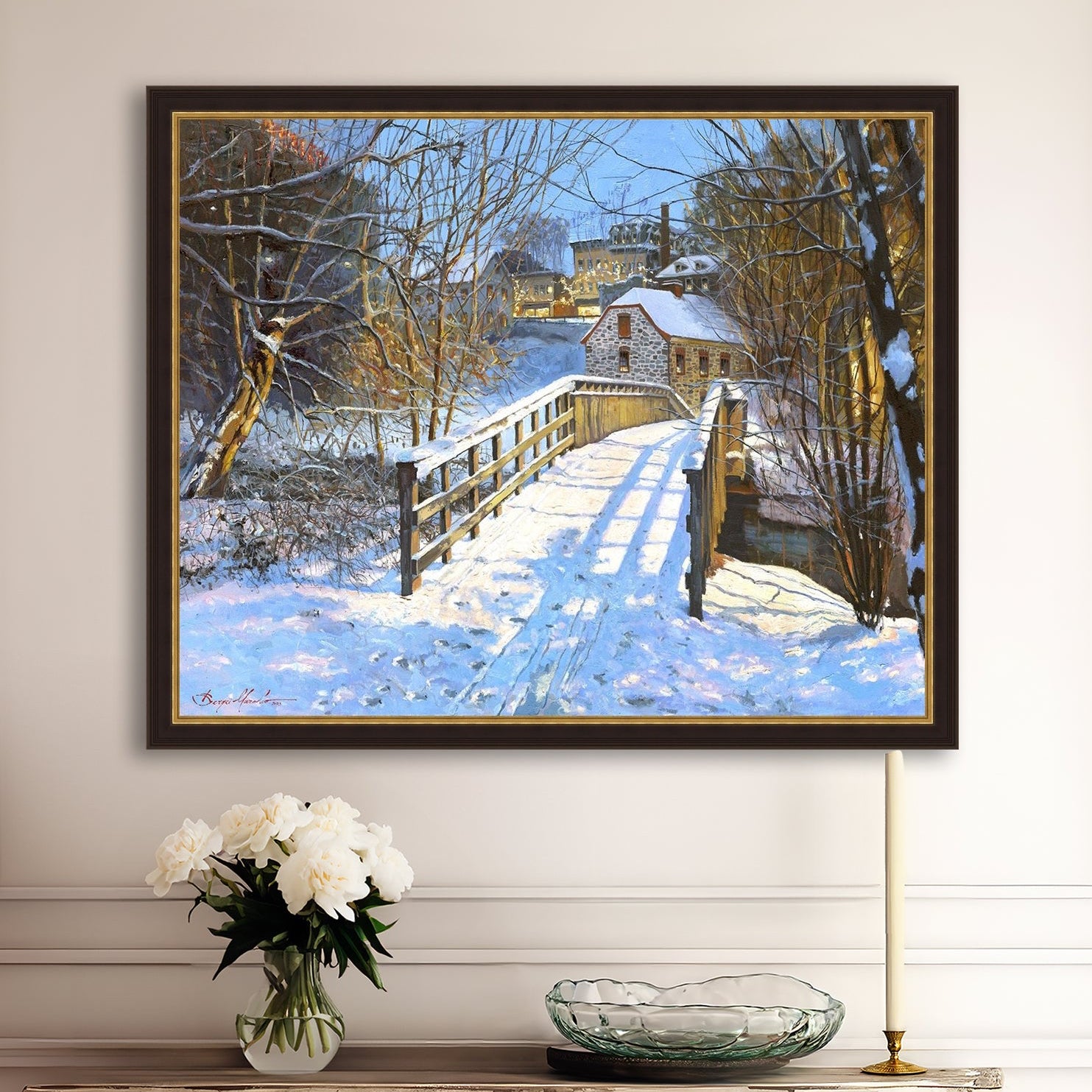 A framed canvas print featuring a Monocacy Bridge with snow on the ground, surrounded by trees and a historic Bethlehem building in the background.