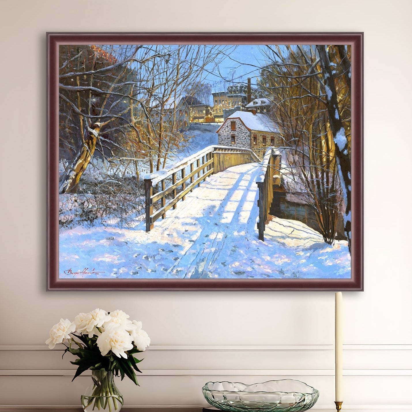 A framed canvas print featuring a Monocacy Bridge with snow on the ground, surrounded by trees and a historic Bethlehem building in the background.