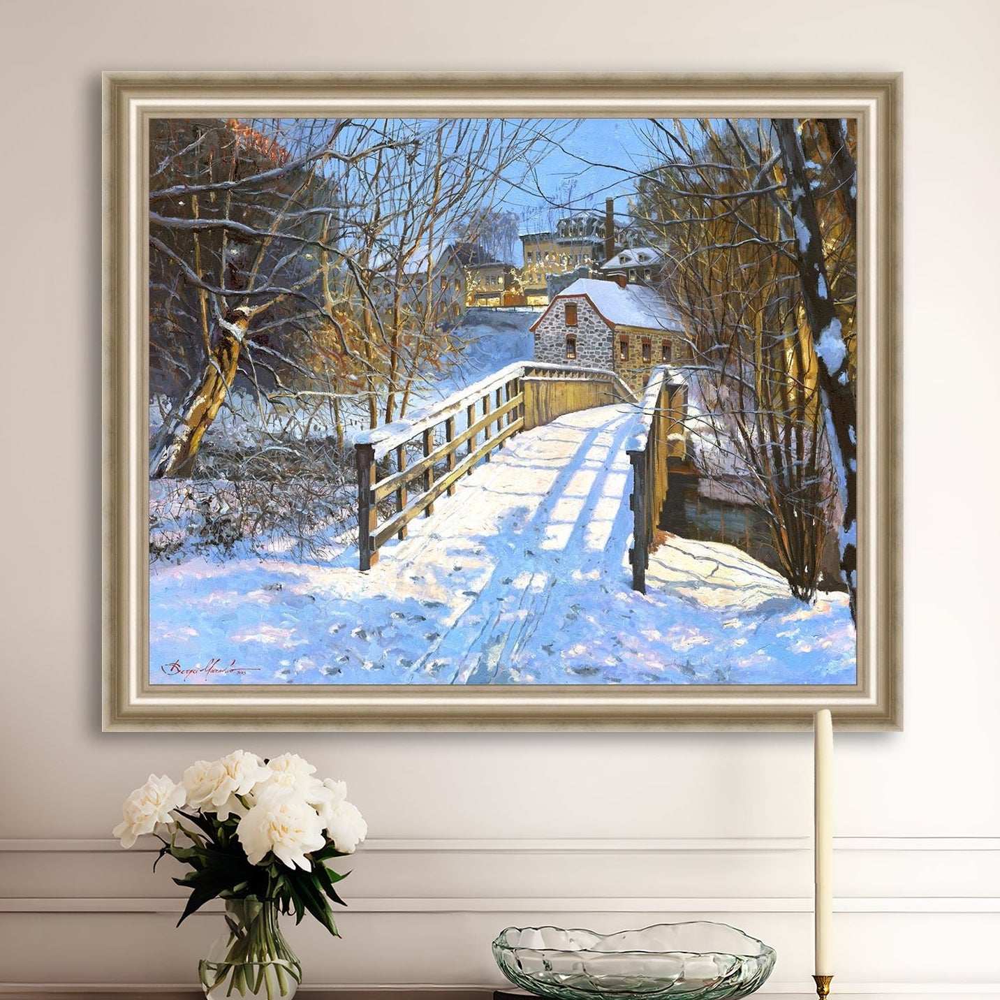 A framed canvas print featuring a Monocacy Bridge with snow on the ground, surrounded by trees and a historic Bethlehem building in the background.