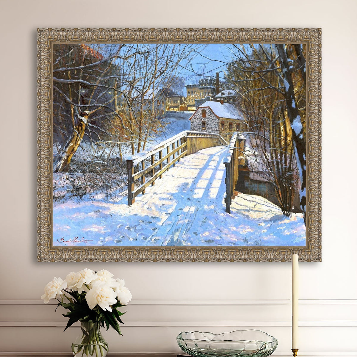A framed canvas print featuring a Monocacy Bridge with snow on the ground, surrounded by trees and a historic Bethlehem building in the background.