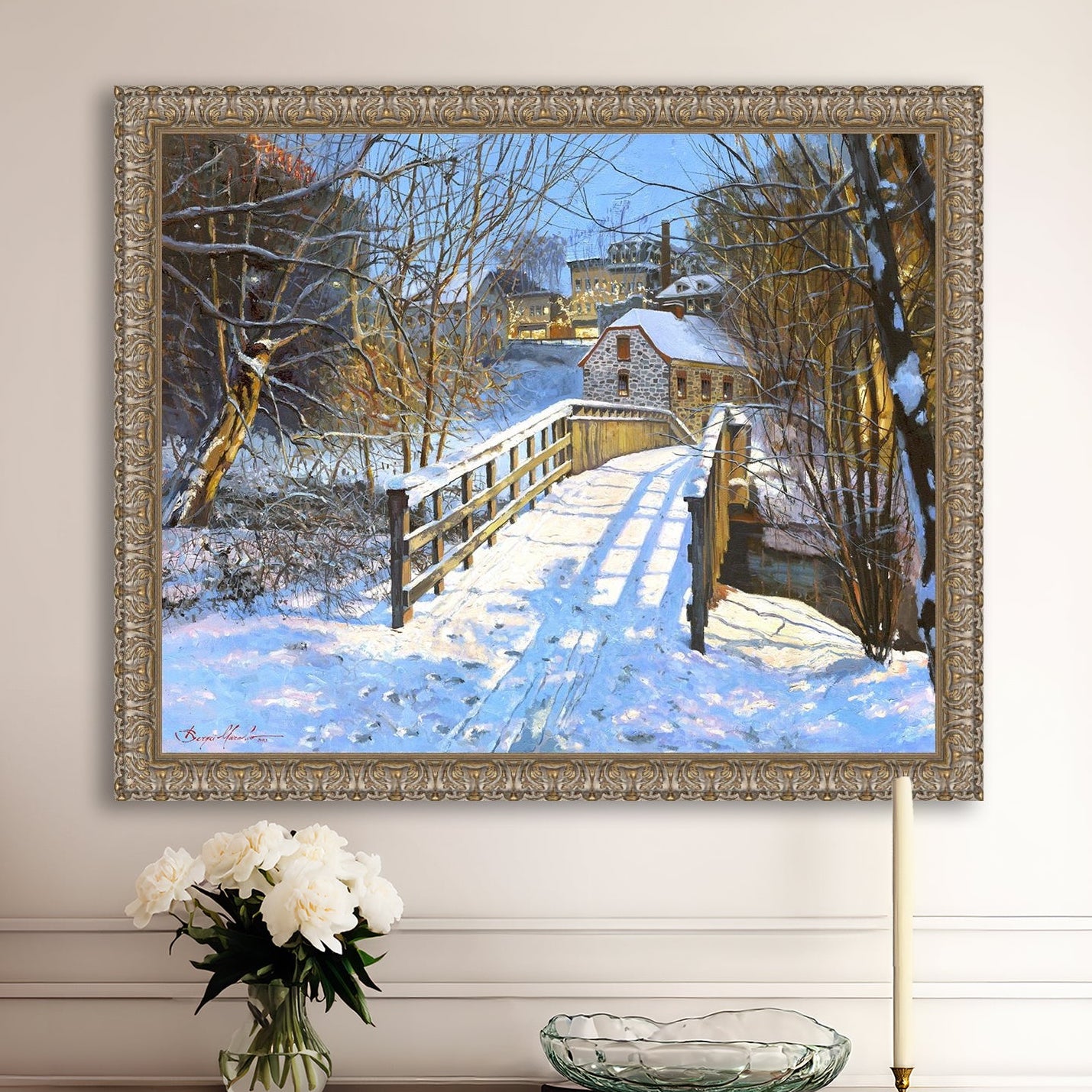 A framed canvas print featuring a Monocacy Bridge with snow on the ground, surrounded by trees and a historic Bethlehem building in the background.