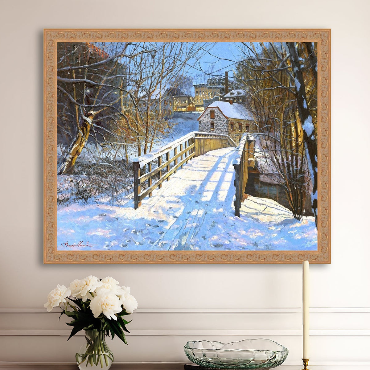 A framed canvas print featuring a Monocacy Bridge with snow on the ground, surrounded by trees and a historic Bethlehem building in the background.