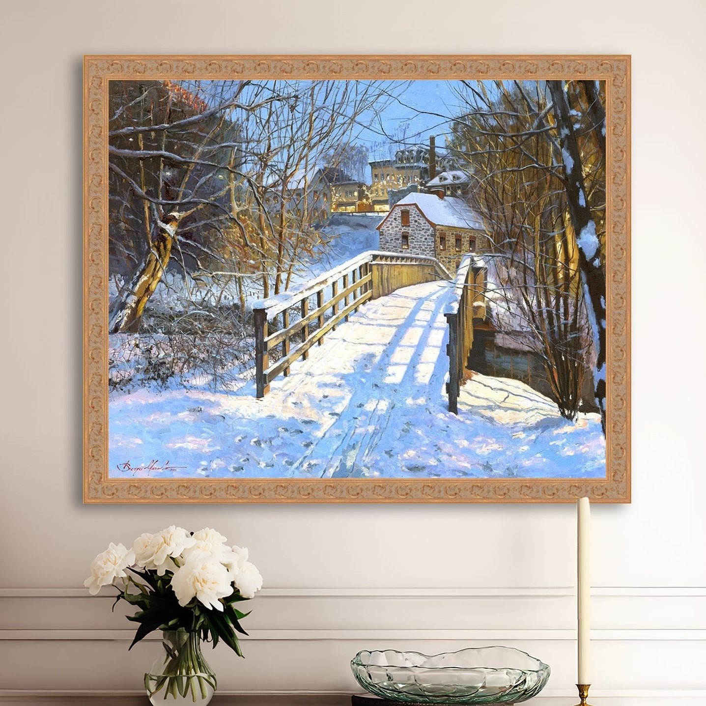 A framed canvas print featuring a Monocacy Bridge with snow on the ground, surrounded by trees and a historic Bethlehem building in the background.