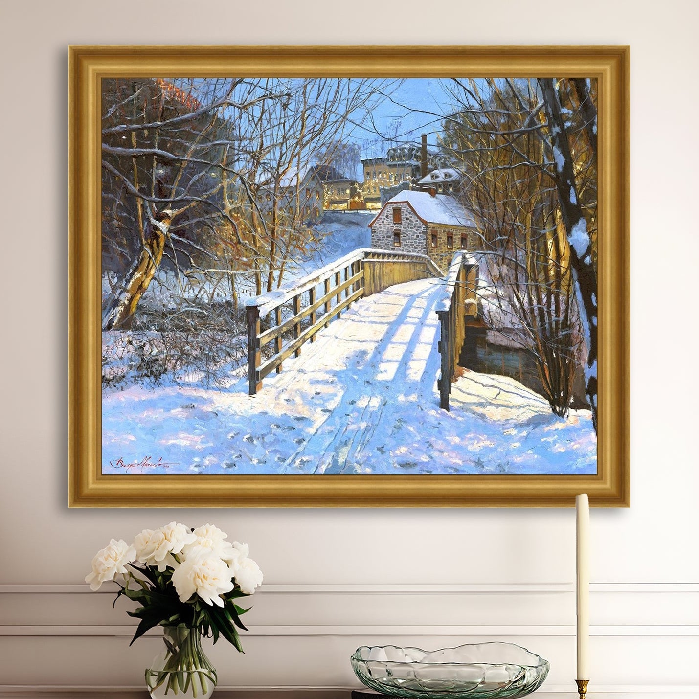 A framed canvas print featuring a Monocacy Bridge with snow on the ground, surrounded by trees and a historic Bethlehem building in the background.