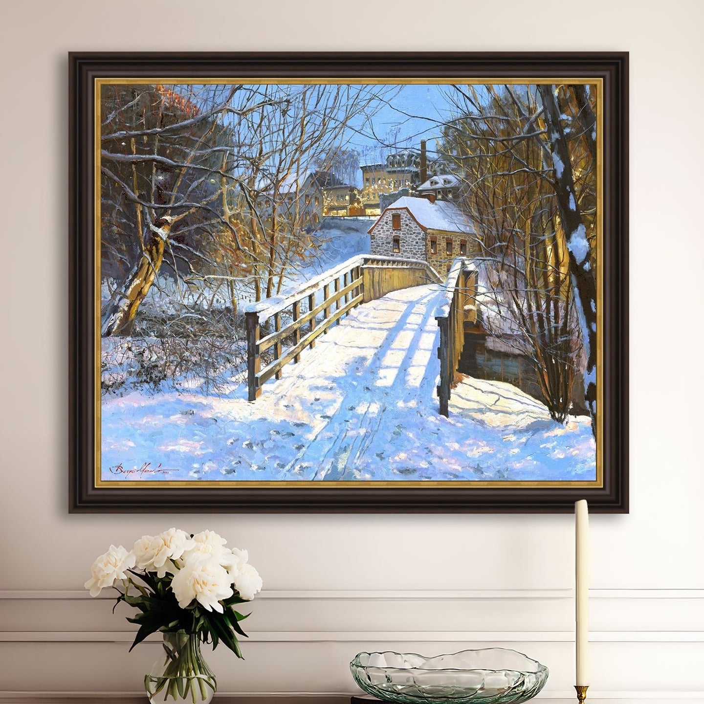 A framed canvas print featuring a Monocacy Bridge with snow on the ground, surrounded by trees and a historic Bethlehem building in the background.
