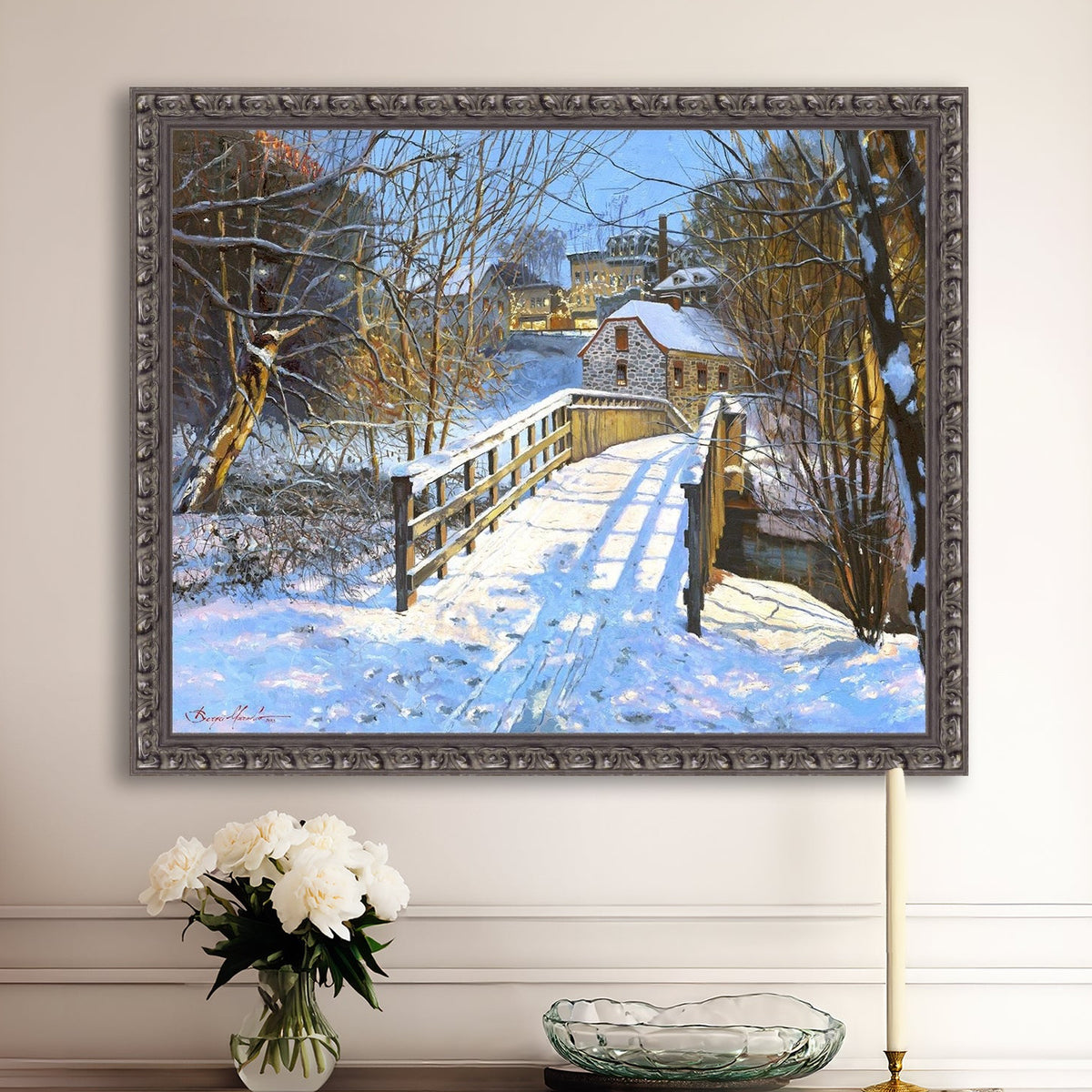 A framed canvas print featuring a Monocacy Bridge with snow on the ground, surrounded by trees and a historic Bethlehem building in the background.