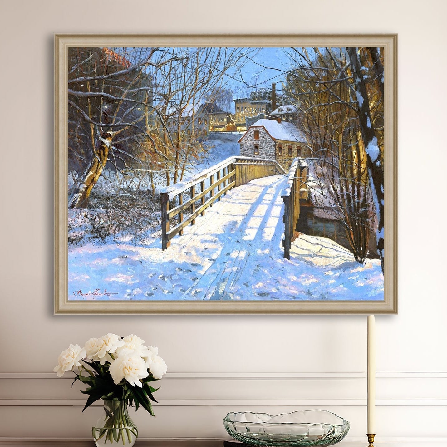 A framed canvas print featuring a Monocacy Bridge with snow on the ground, surrounded by trees and a historic Bethlehem building in the background.