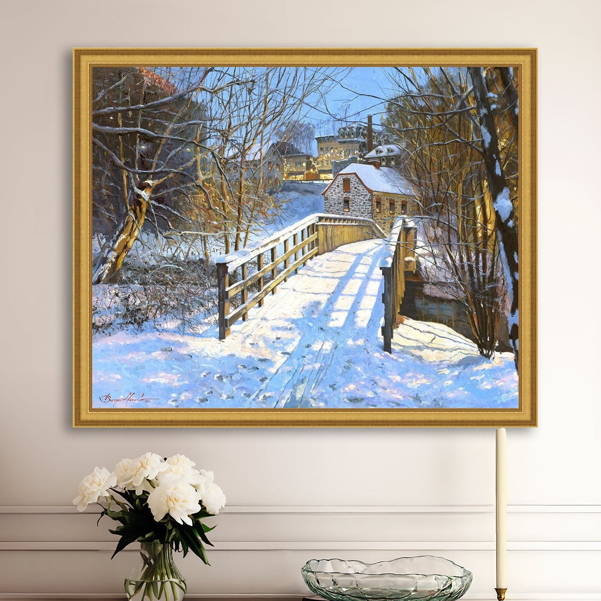 A framed canvas print featuring a Monocacy Bridge with snow on the ground, surrounded by trees and a historic Bethlehem building in the background.