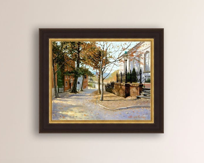 A canvas print featuring a vibrant street scene with trees and a building, titled 'Autumn Leaves on Church Street', Bethlehem 