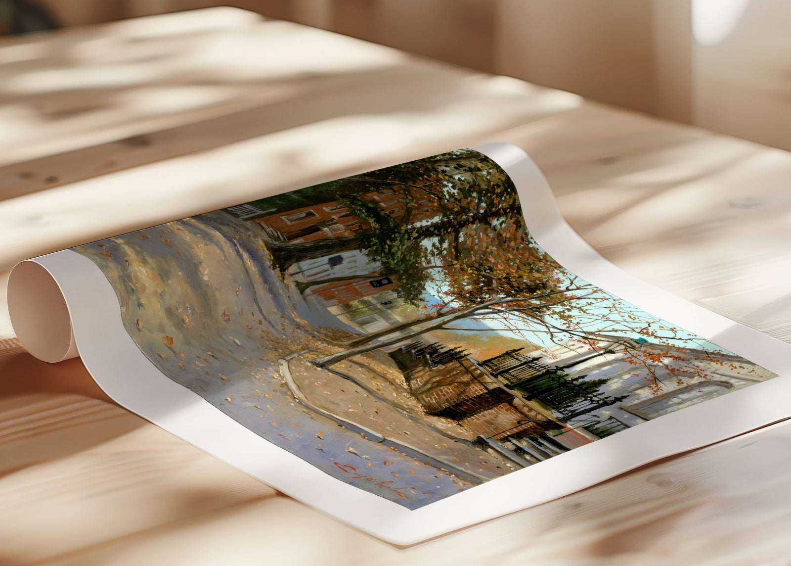 A canvas print featuring a vibrant street scene with trees and a building, titled 'Autumn Leaves on Church Street', Bethlehem 