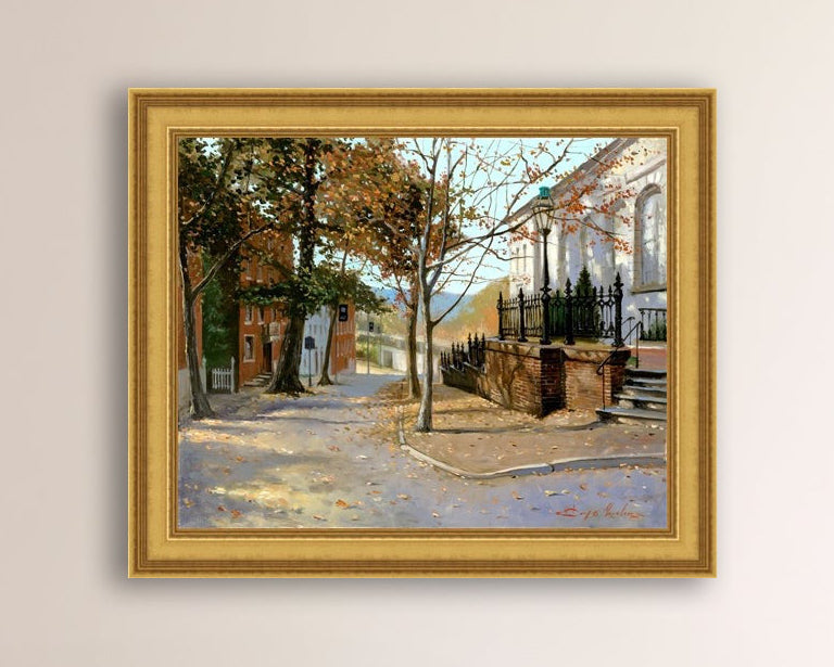 A canvas print featuring a vibrant street scene with trees and a building, titled 'Autumn Leaves on Church Street', Bethlehem 