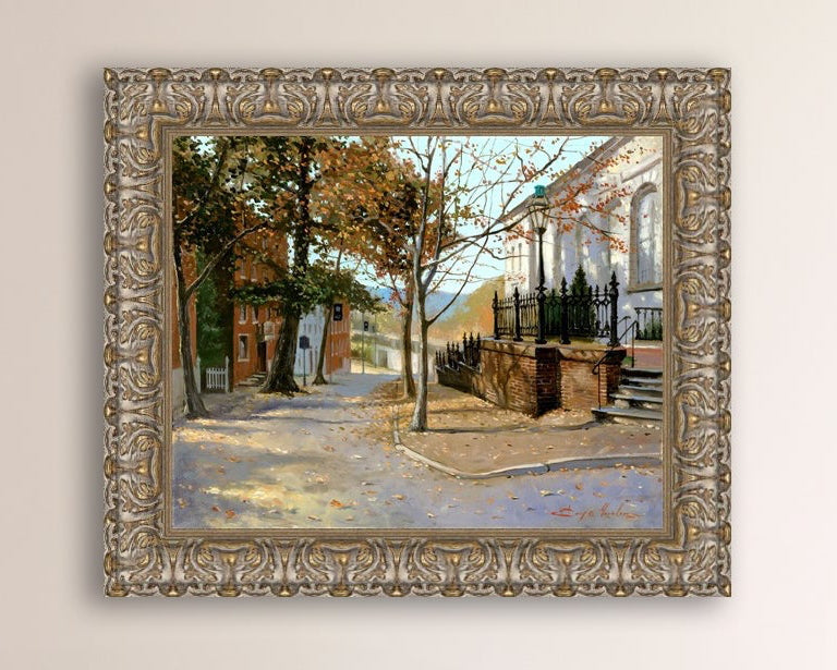 A canvas print featuring a vibrant street scene with trees and a building, titled 'Autumn Leaves on Church Street', Bethlehem 