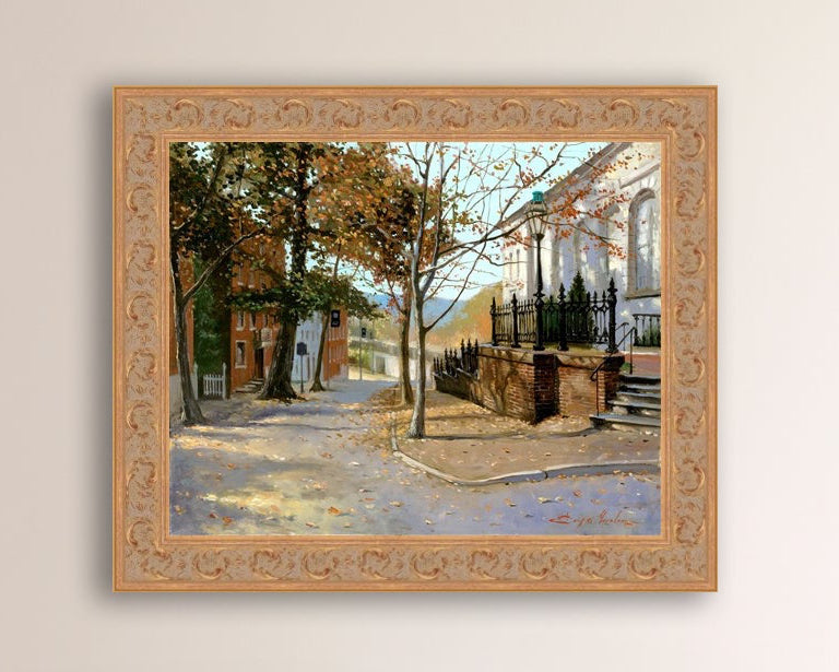 A canvas print featuring a vibrant street scene with trees and a building, titled 'Autumn Leaves on Church Street', Bethlehem 
