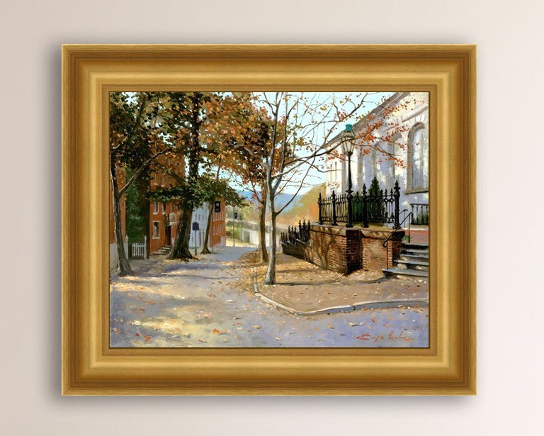 A canvas print featuring a vibrant street scene with trees and a building, titled 'Autumn Leaves on Church Street', Bethlehem 