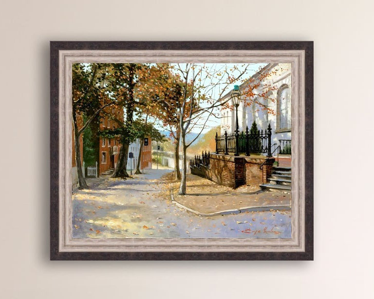 A canvas print featuring a vibrant street scene with trees and a building, titled 'Autumn Leaves on Church Street', Bethlehem 
